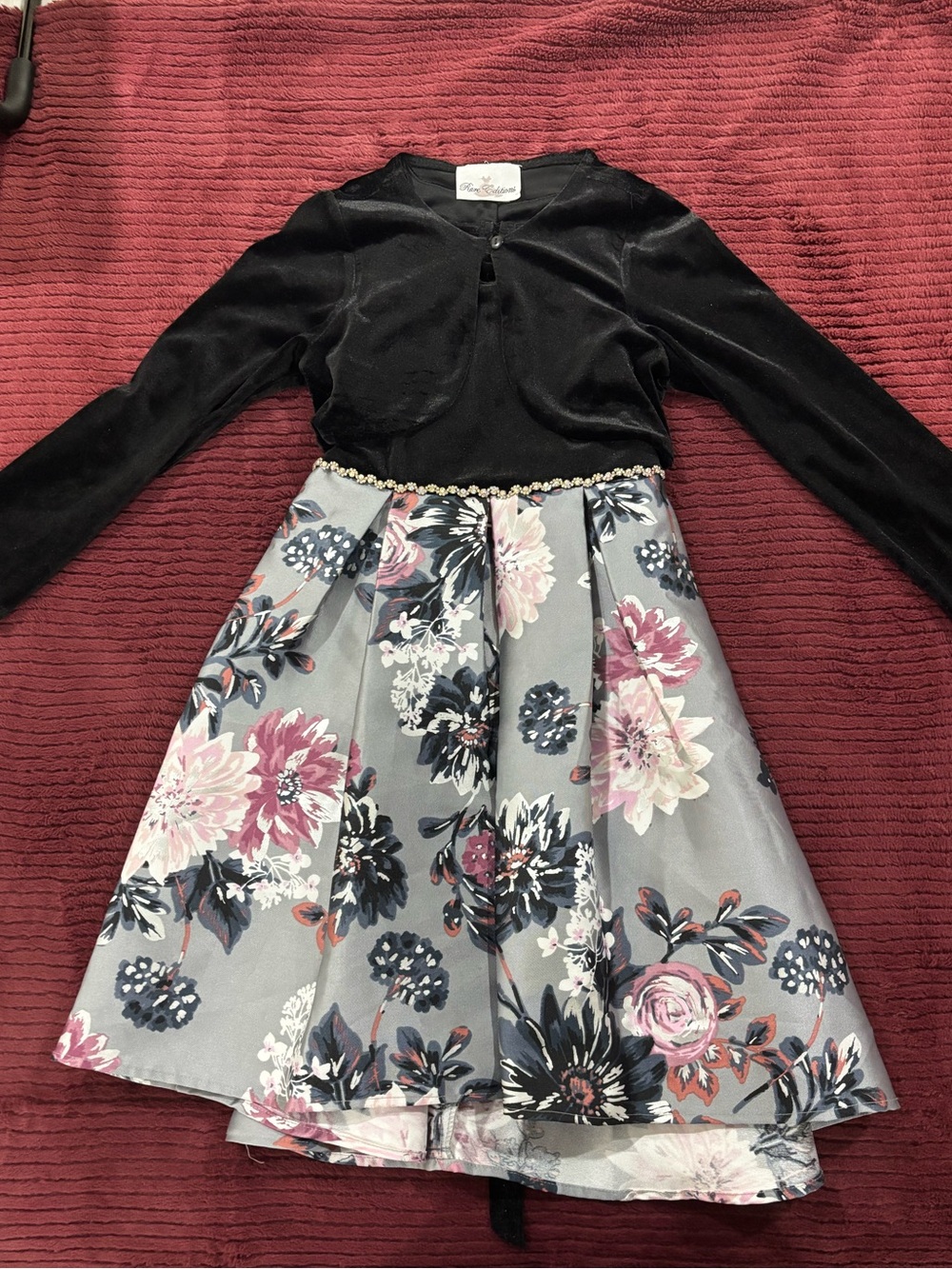 Rare Editions Black Velvet Bolero with Gray Floral Skirt